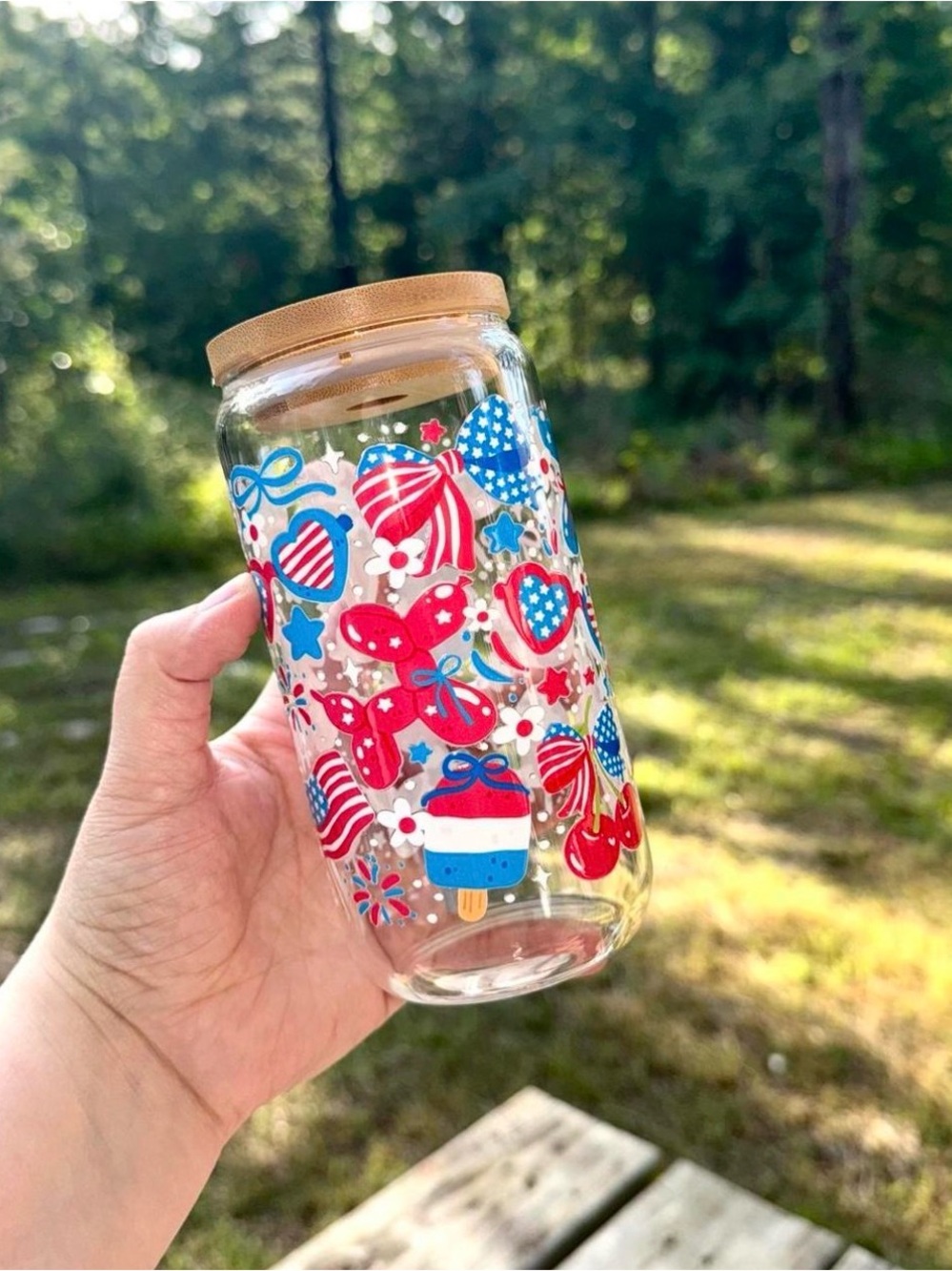 Patriotic Red, White & Blue 16oz Glass Cup!